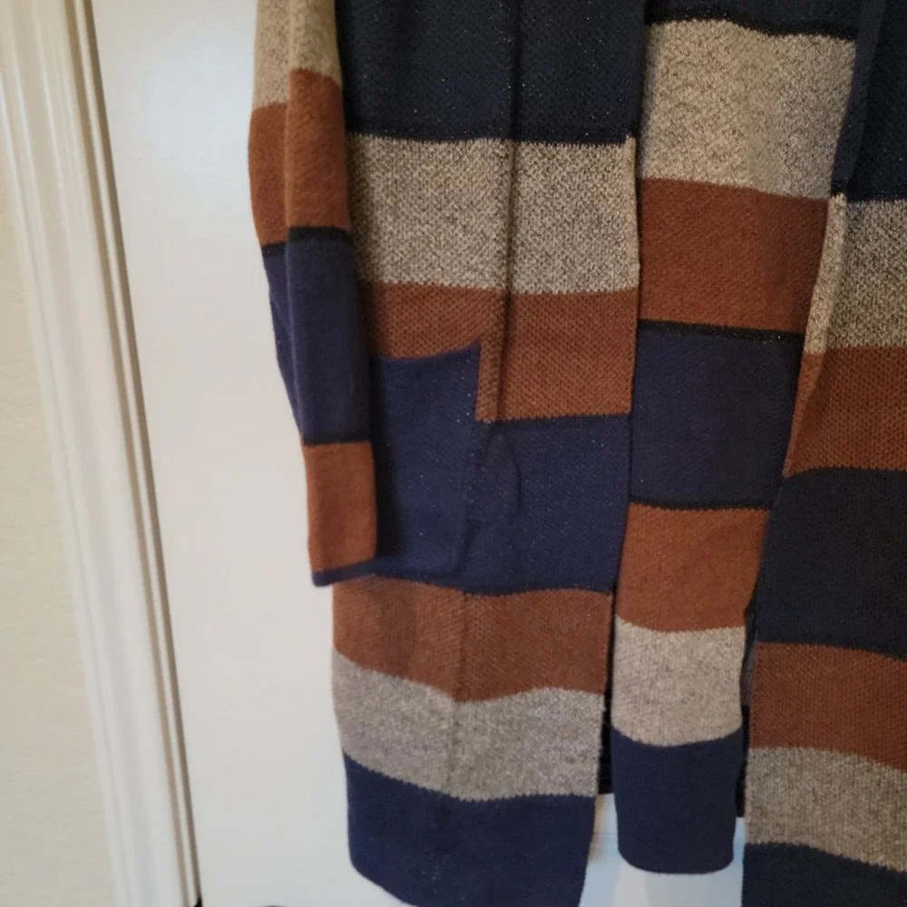 Apt. 9 Womens XL Longline Open Front Striped Metallic Cardigan Cognac Indigo